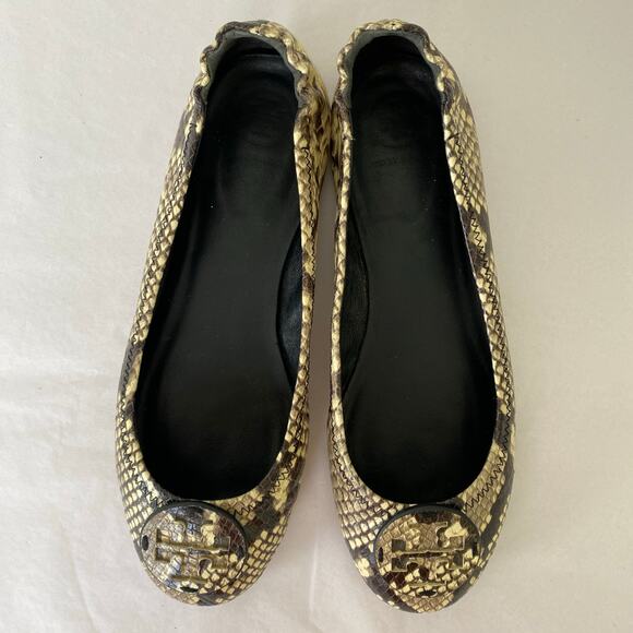 Tory Burch Minnie Flats Size 8 Roccia Snake Emboss Leather Logo Travel Ballet - Picture 10 of 14